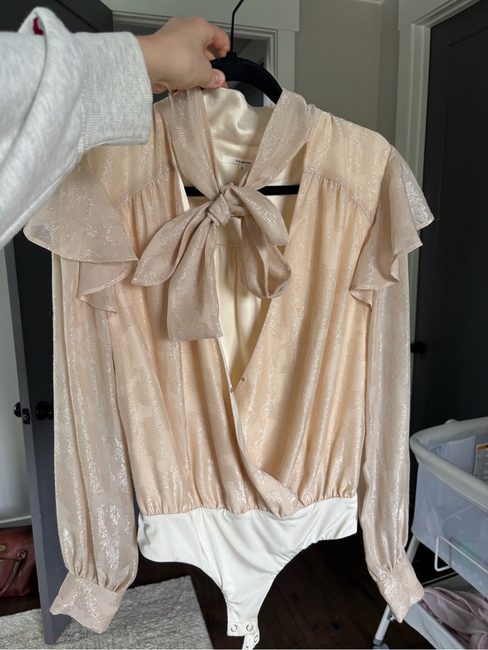 Tularosa Blush Shimmer Tie-Neck Ruffle Bodysuit